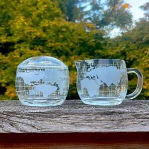 Vintage Nestle World Globe Etched Glass Sugar and Creamer set